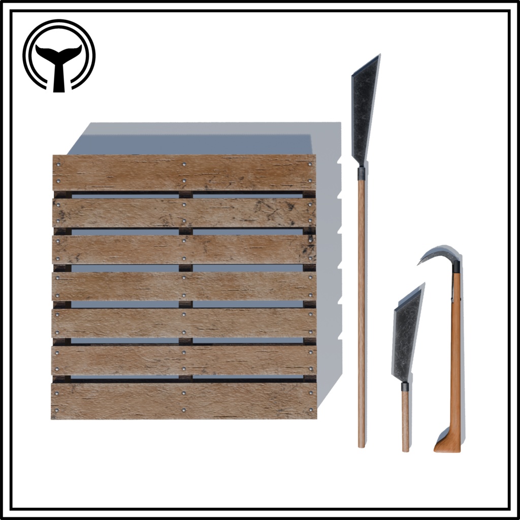 【3Dモデル】水産道具シリーズ ver.2(くじら大包丁・小包丁、まぐろ手鉤、規格パレット)