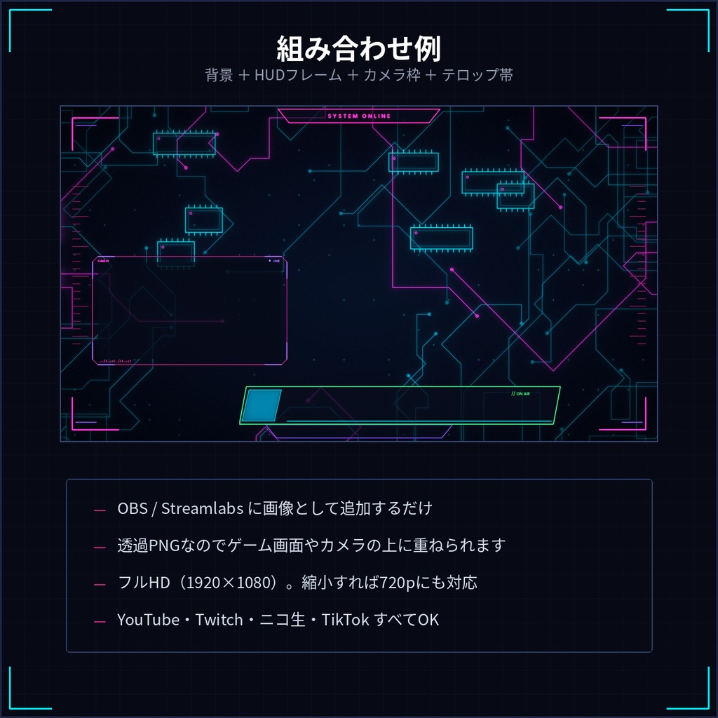 配信用 サイバー背景素材 34点|待機画面・オーバーレイ付き/商用利用OK