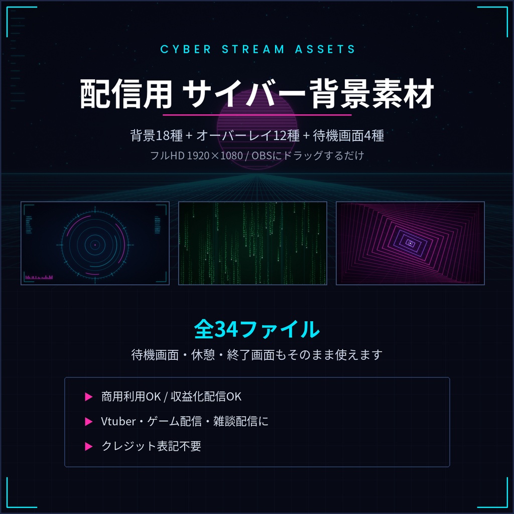 配信用 サイバー背景素材 34点｜待機画面・オーバーレイ付き／商用利用OK