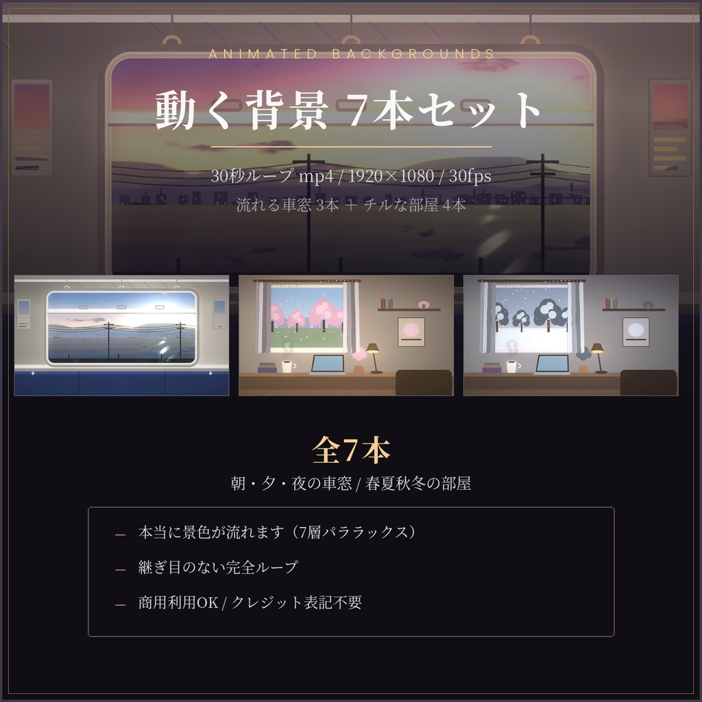 動く背景 7本セット|車窓&チルな部屋/30秒ループ mp4/商用利用OK