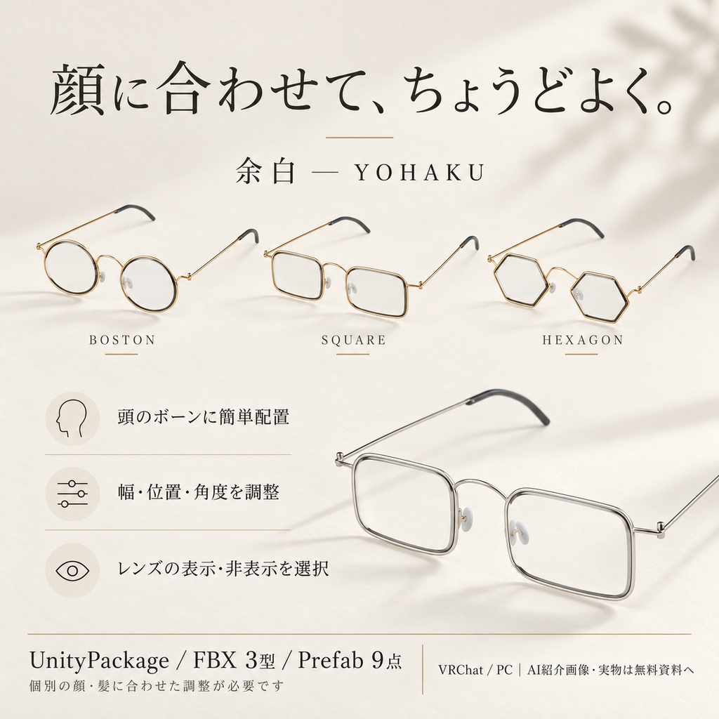 【VRChat / PC・3型×3色】余白 — YOHAKU|細フレーム眼鏡9点セット