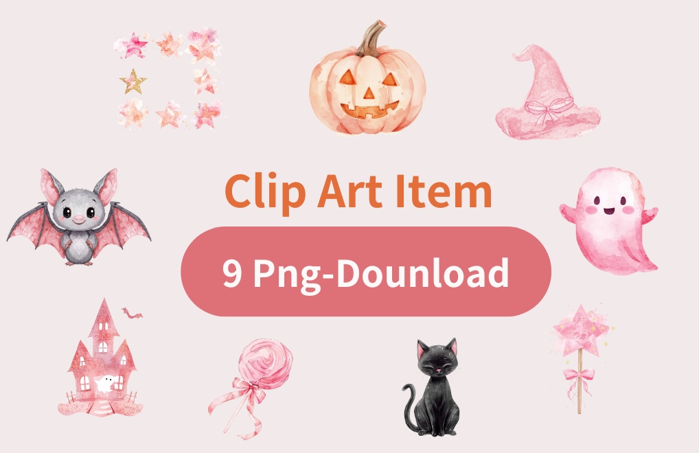 ピンクの水彩ハロウィンクリップアートセット – PNG形式9点