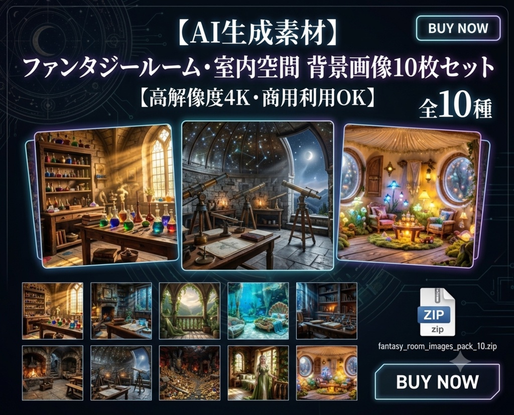 【AI生成素材】ファンタジーな部屋・室内空間 背景画像10枚セット【高画質4K・商業利用可】