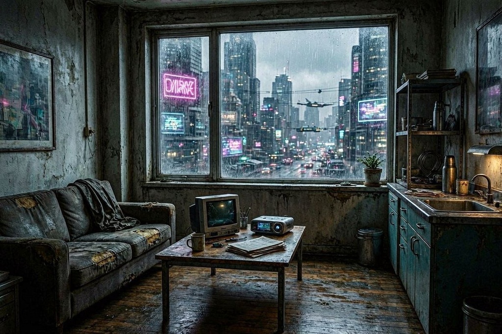 【AI生成素材】サイバーパンク・インテリア 背景画像10枚セット【高画質4K・商業利用可】