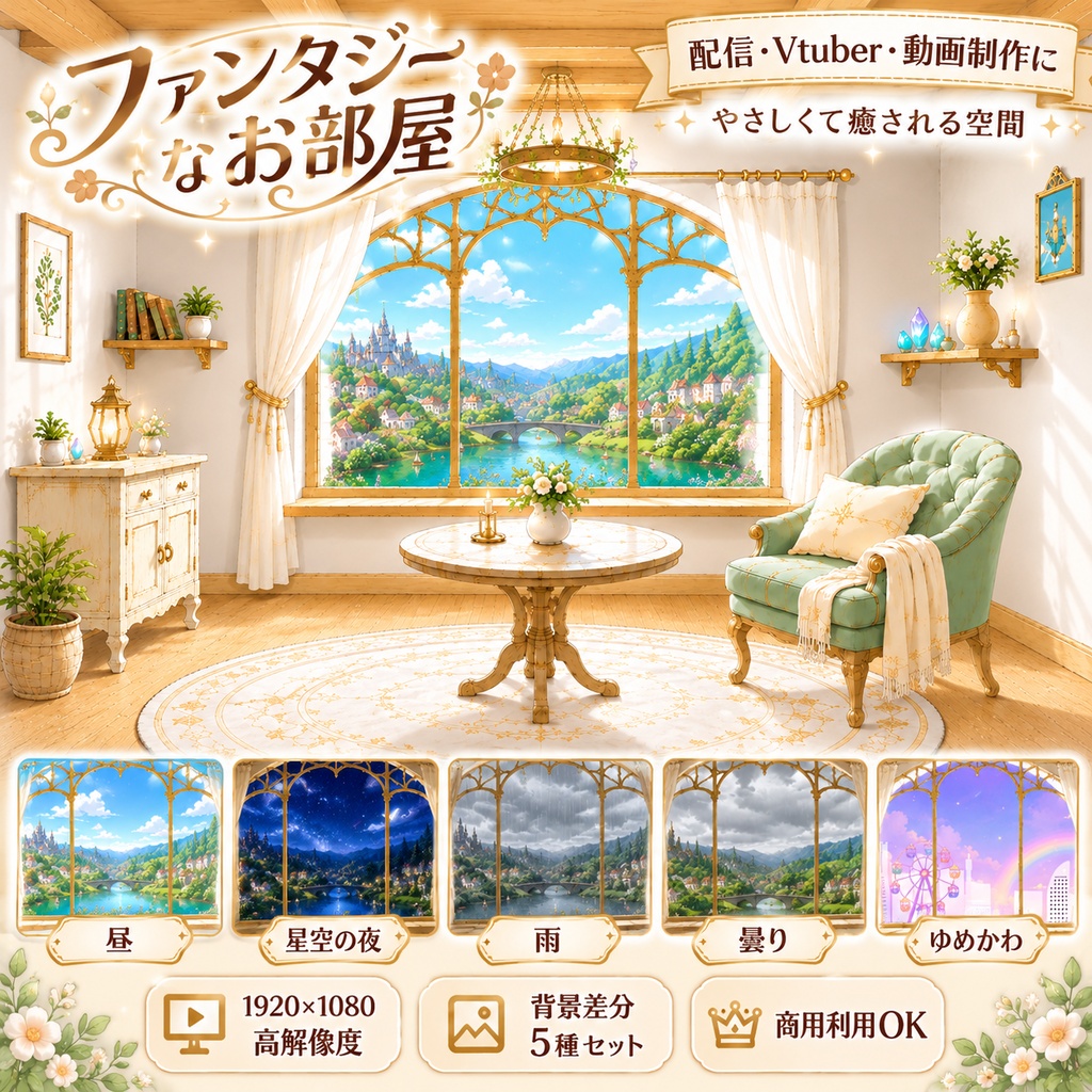 ファンタジーなお部屋｜BGM付き🎵VTuber 動く配信背景素材【昼・夜・雨・曇り・ゆめかわ】