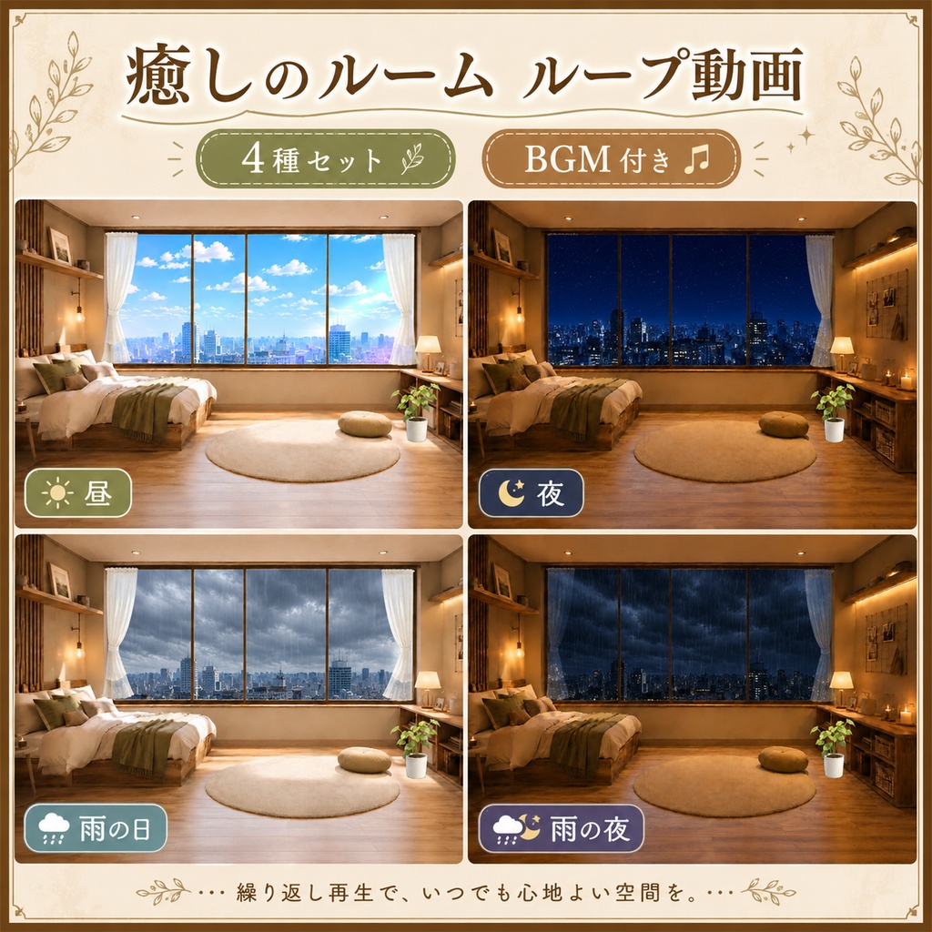 【BGM付き】都会を眺める癒しの部屋｜昼・夜・雨 4種ループ動画【配信背景】