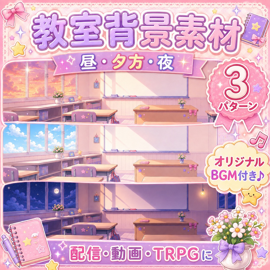 【配信背景】ゆめかわ教室|昼・夕方・夜 3種+オリジナルBGM付き