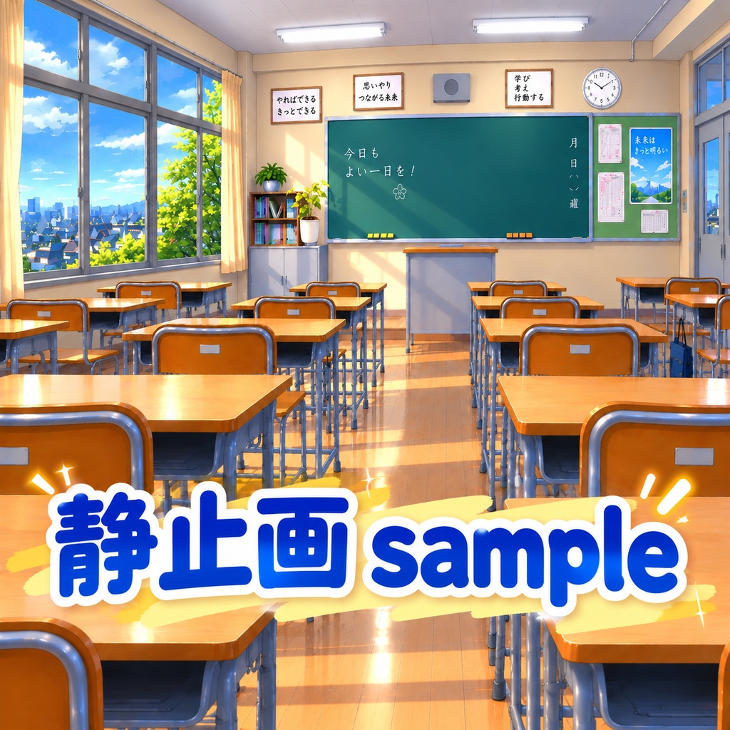 【学校の教室】昼・夕方・夜|静止画&ループ動画+BGM付き|配信・VTuber背景素材