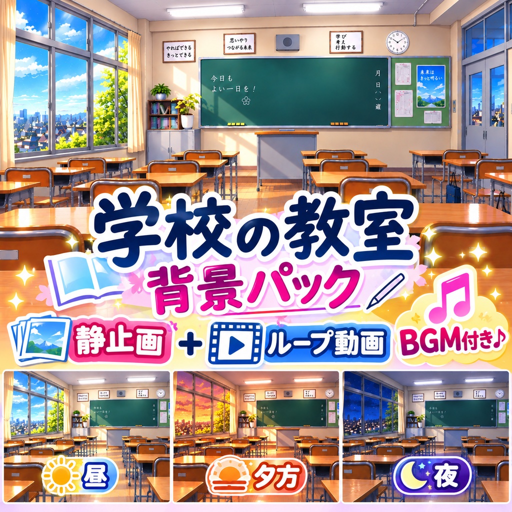【学校の教室】昼・夕方・夜|静止画&ループ動画+BGM付き|配信・VTuber背景素材