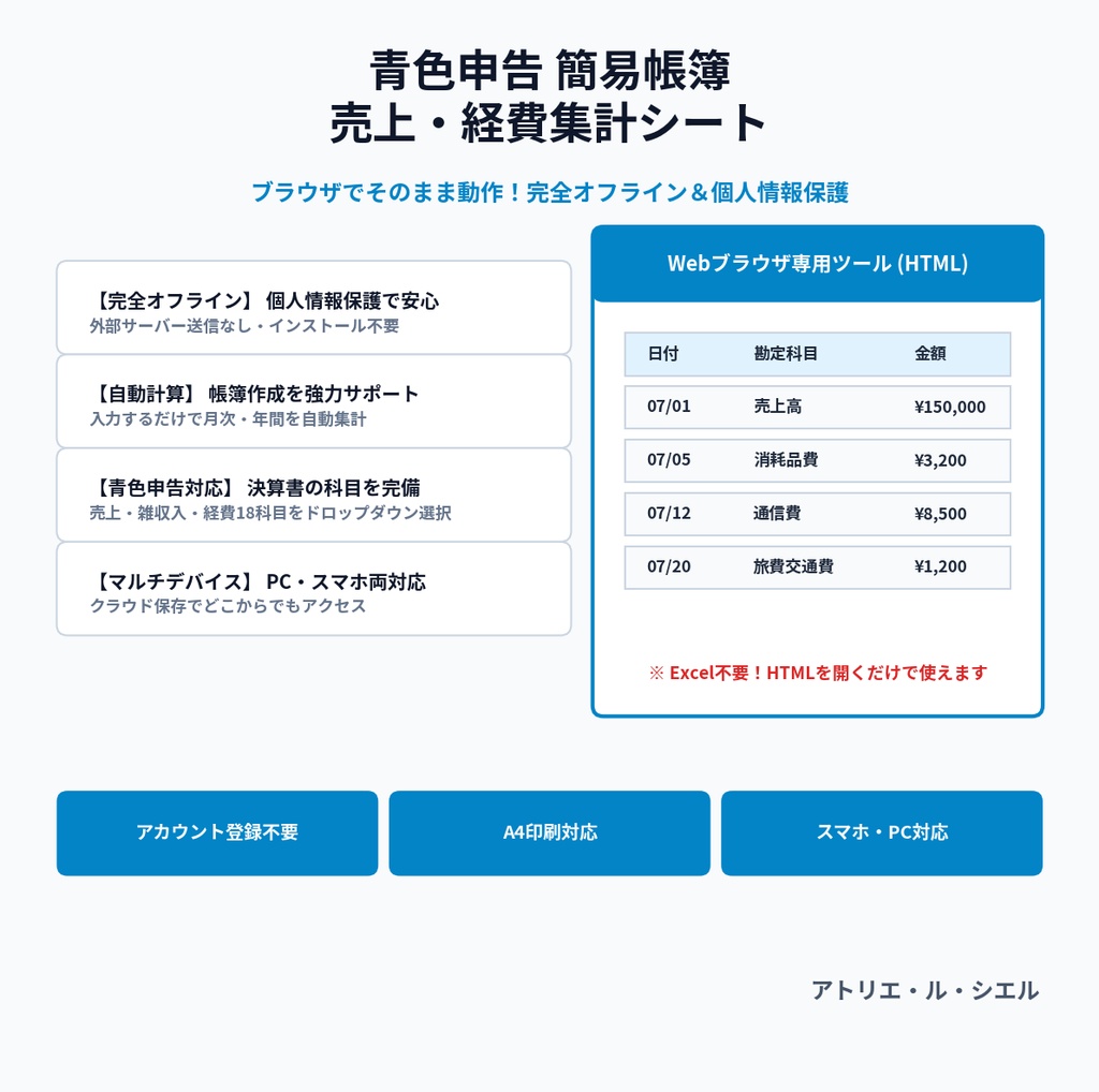 青色申告 簡易帳簿 売上・経費 自動集計ツール|入力するだけ・初心者向け