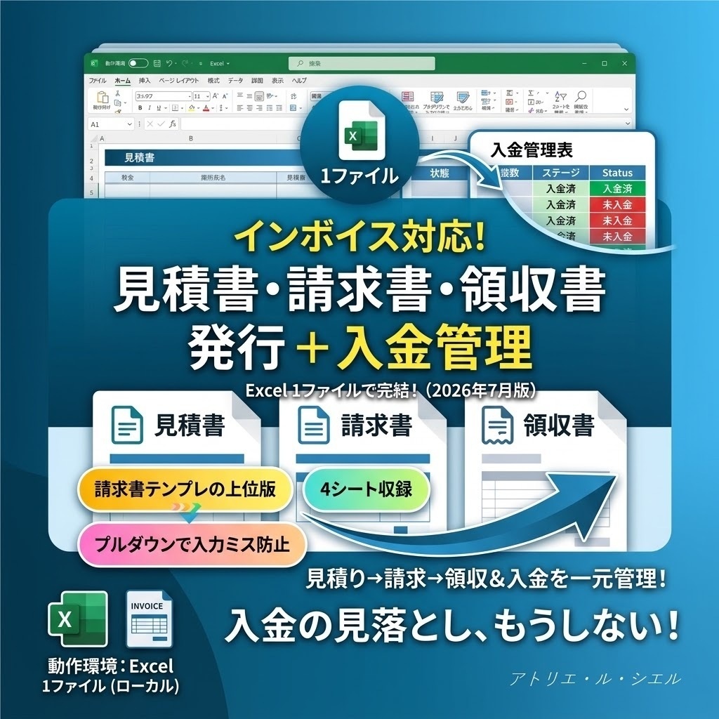 見積書・請求書・領収書+入金管理Excel|未入金は自動で赤くなる