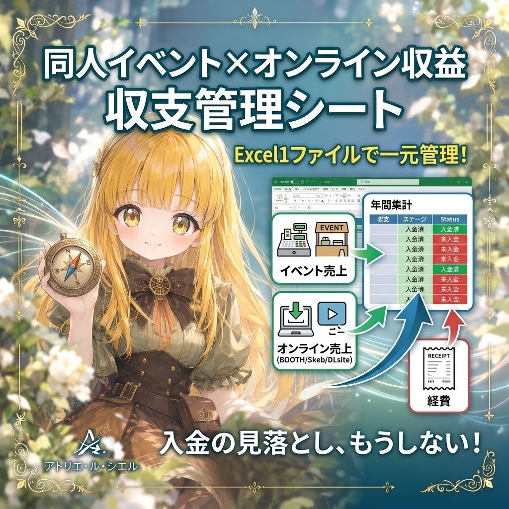 VTuber・配信者×同人作家 収支管理シート|スパチャ・投げ銭・コミケ売上を自動集計(確定申告対応)