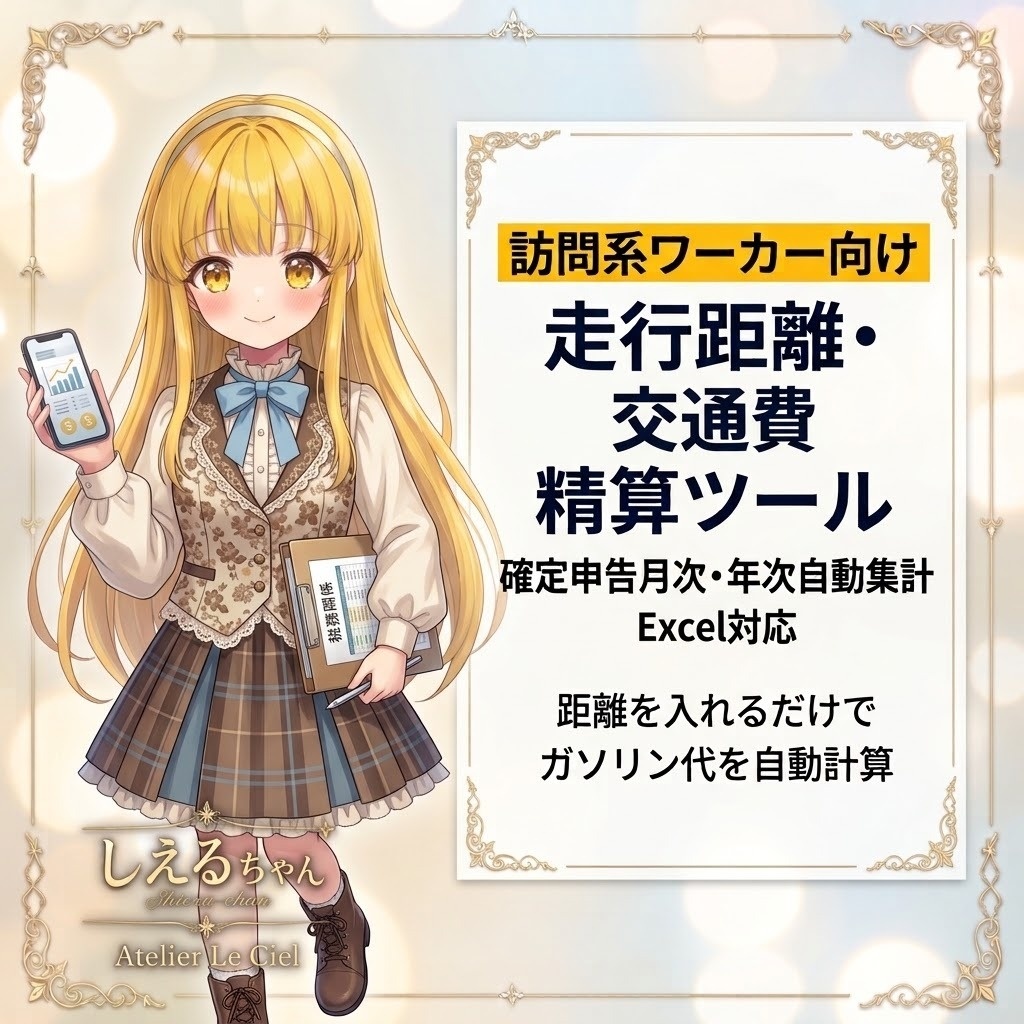 訪問マッサージ師・訪問看護師・出張整体師向け 走行距離・交通費精算Excel(ガソリン代自動計算)