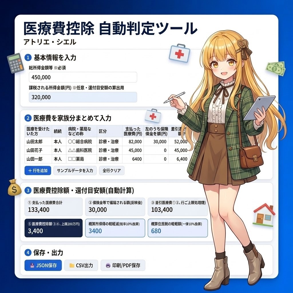 医療費控除 自動判定ツール|家族分まとめて計算・還付額目安表示