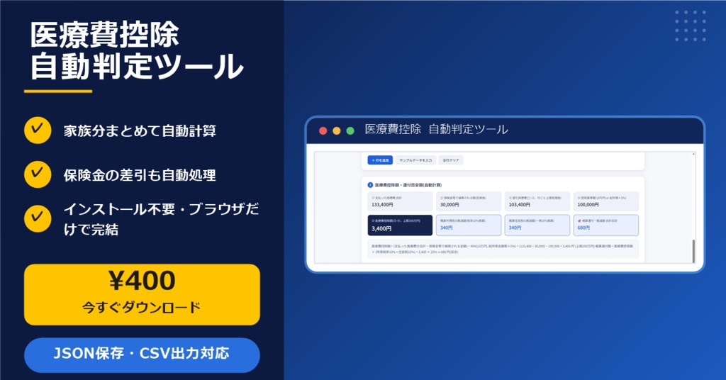 医療費控除 自動判定ツール|家族分まとめて計算・還付額目安表示