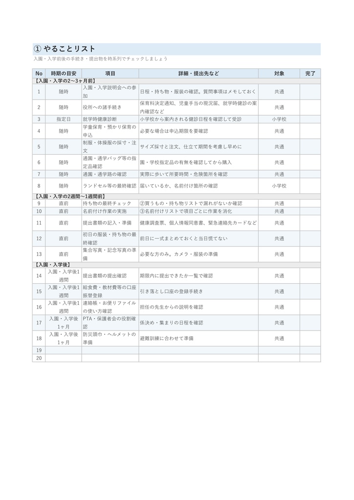 入園・入学準備チェックリスト|やること・持ち物・名前付け・予算を1冊で