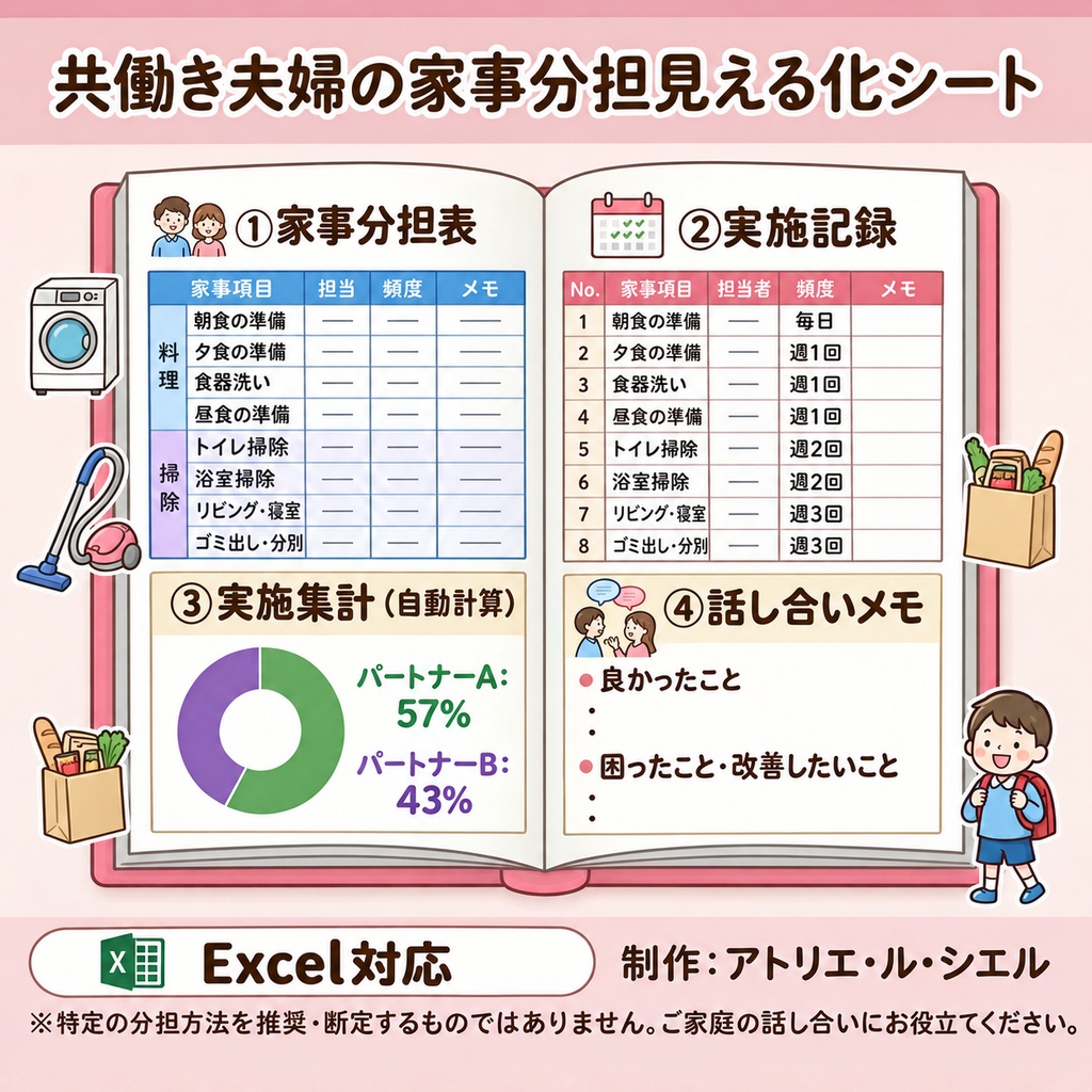 共働き夫婦の家事分担見える化シート｜実施記録から自動集計(Excel+PDF)
