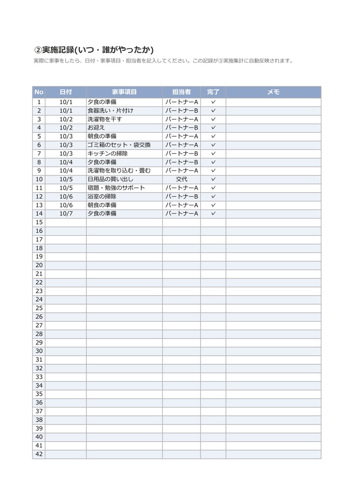 共働き夫婦の家事分担見える化シート|実施記録から自動集計(Excel+PDF)