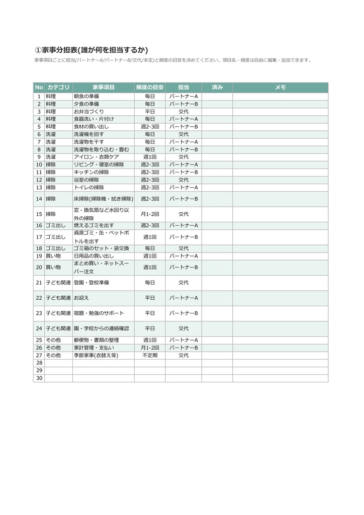 共働き夫婦の家事分担見える化シート|実施記録から自動集計(Excel+PDF)