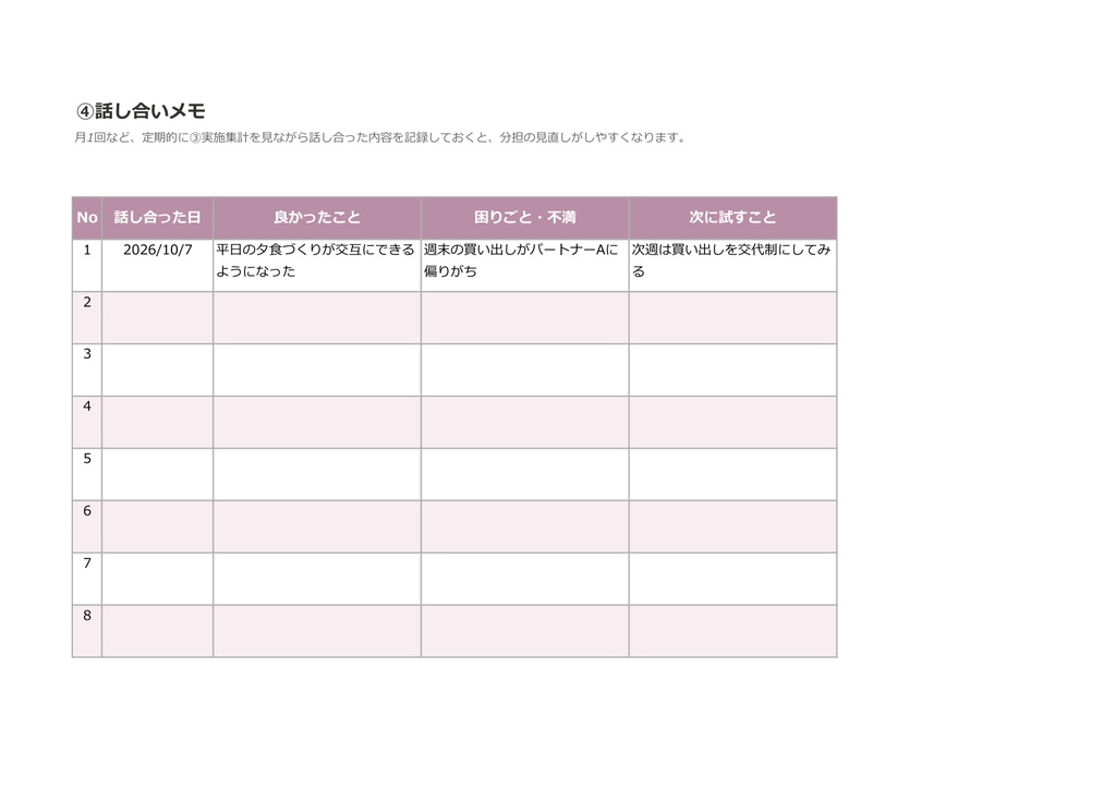 共働き夫婦の家事分担見える化シート|実施記録から自動集計(Excel+PDF)