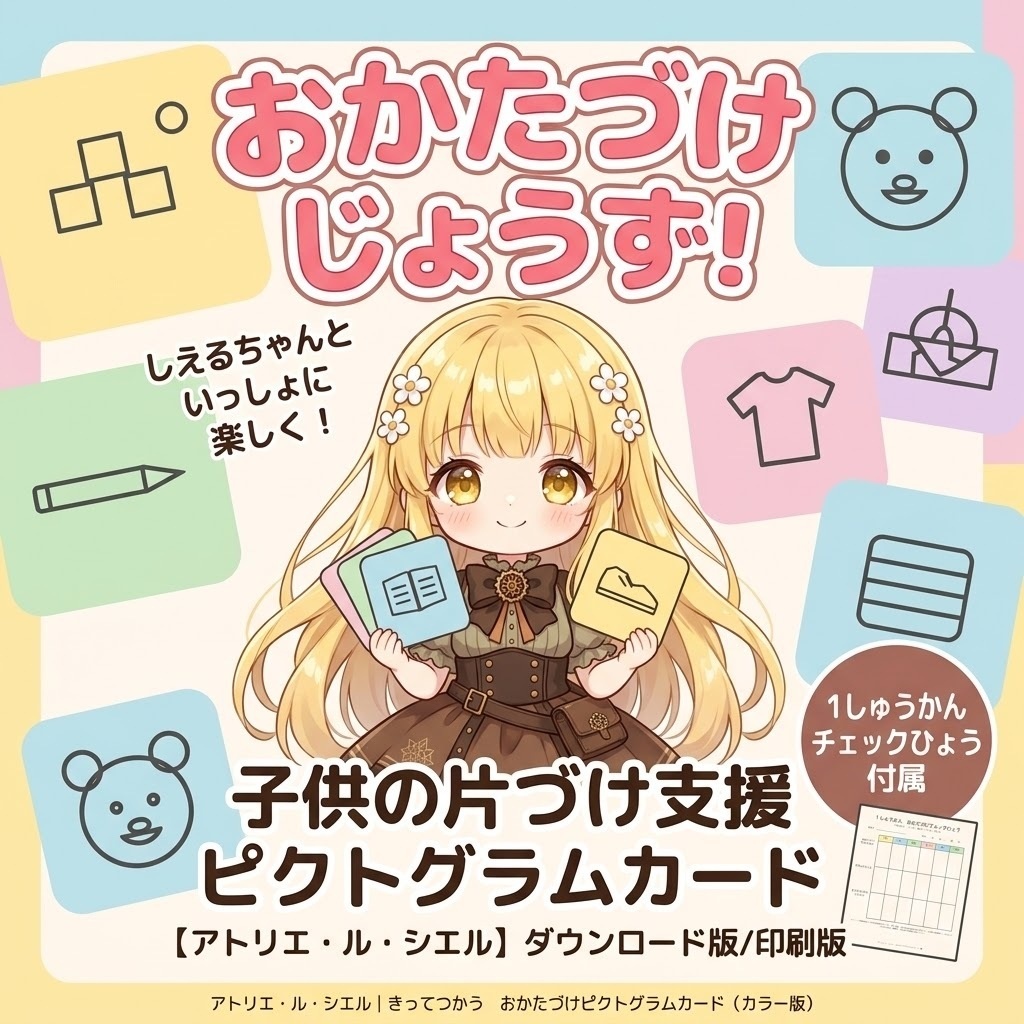 見てわかる 子供のおかたづけピクトグラムカード15枚セット(カラー+モノクロ+チェック表)