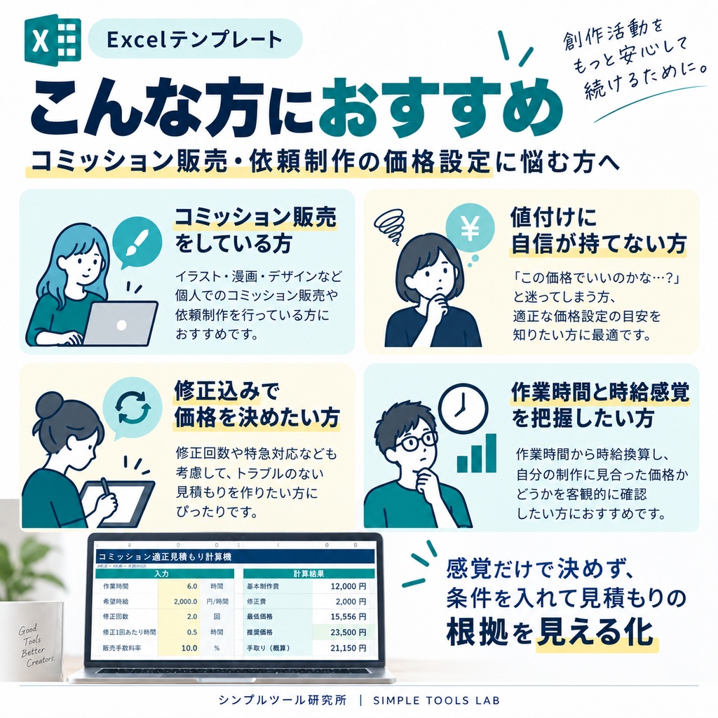 【Excelテンプレート】コミッション適正見積もり計算機|最低価格・推奨価格・想定時給を自動算出
