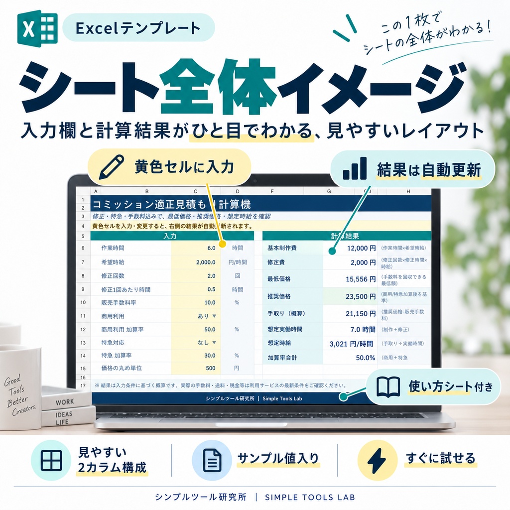 【Excelテンプレート】コミッション適正見積もり計算機|最低価格・推奨価格・想定時給を自動算出