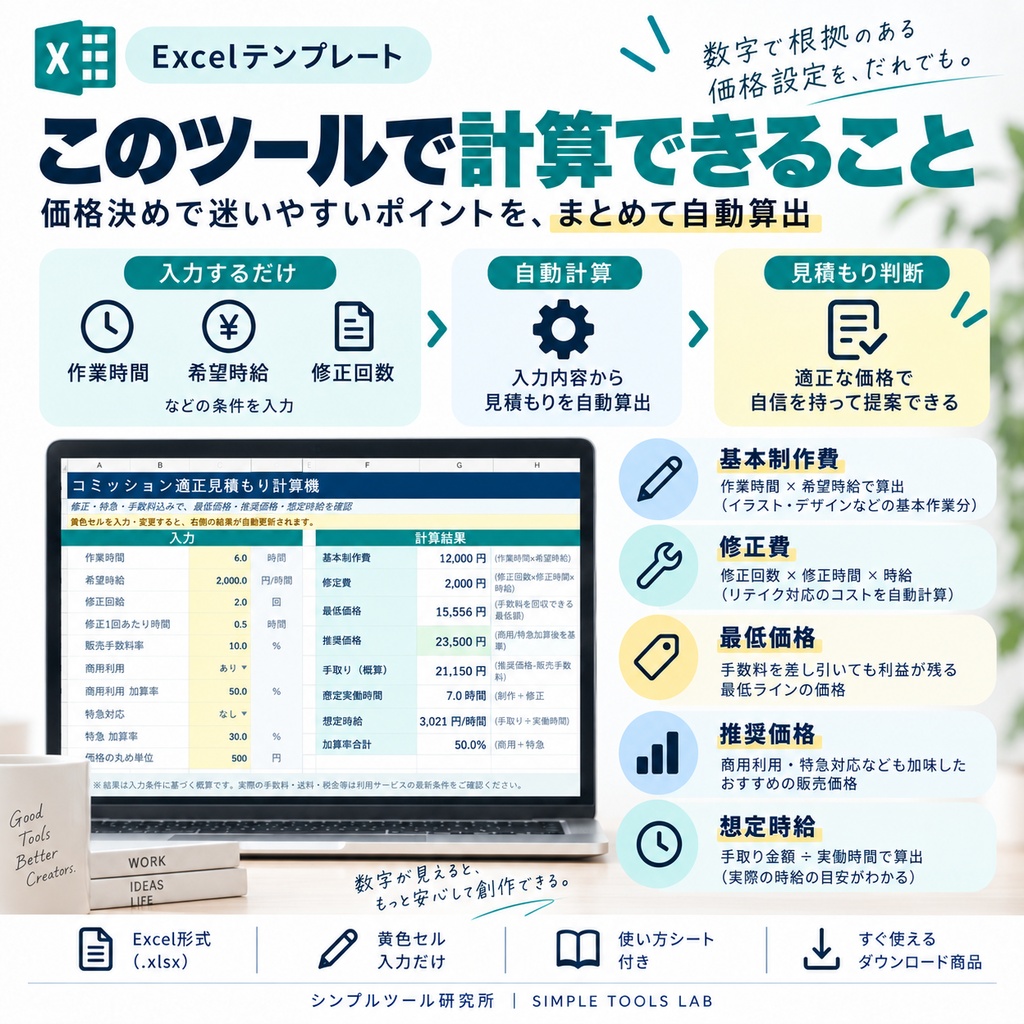 【Excelテンプレート】コミッション適正見積もり計算機|最低価格・推奨価格・想定時給を自動算出