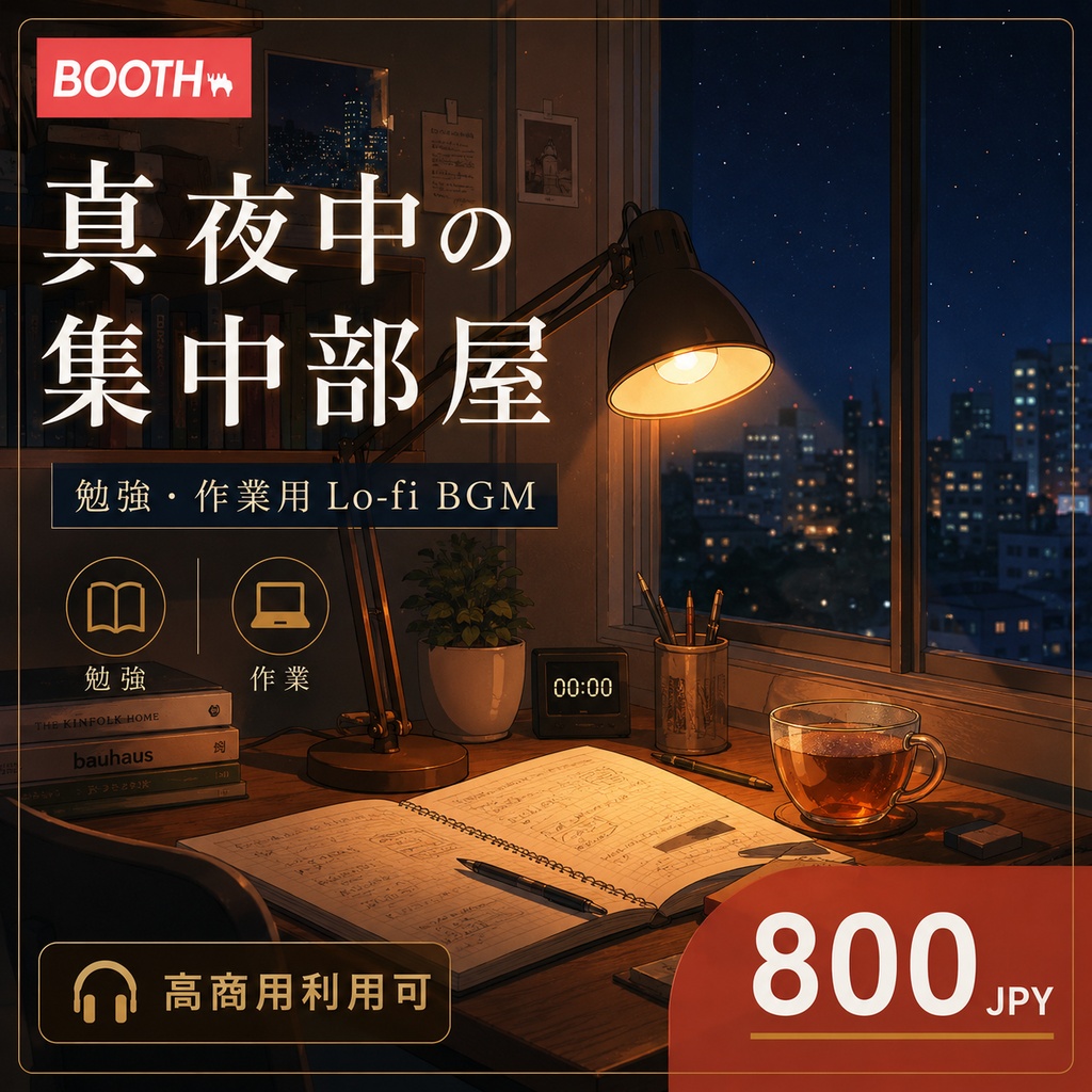 真夜中の集中部屋 - 勉強・作業用 Lo-fi BGM(商用利用可)