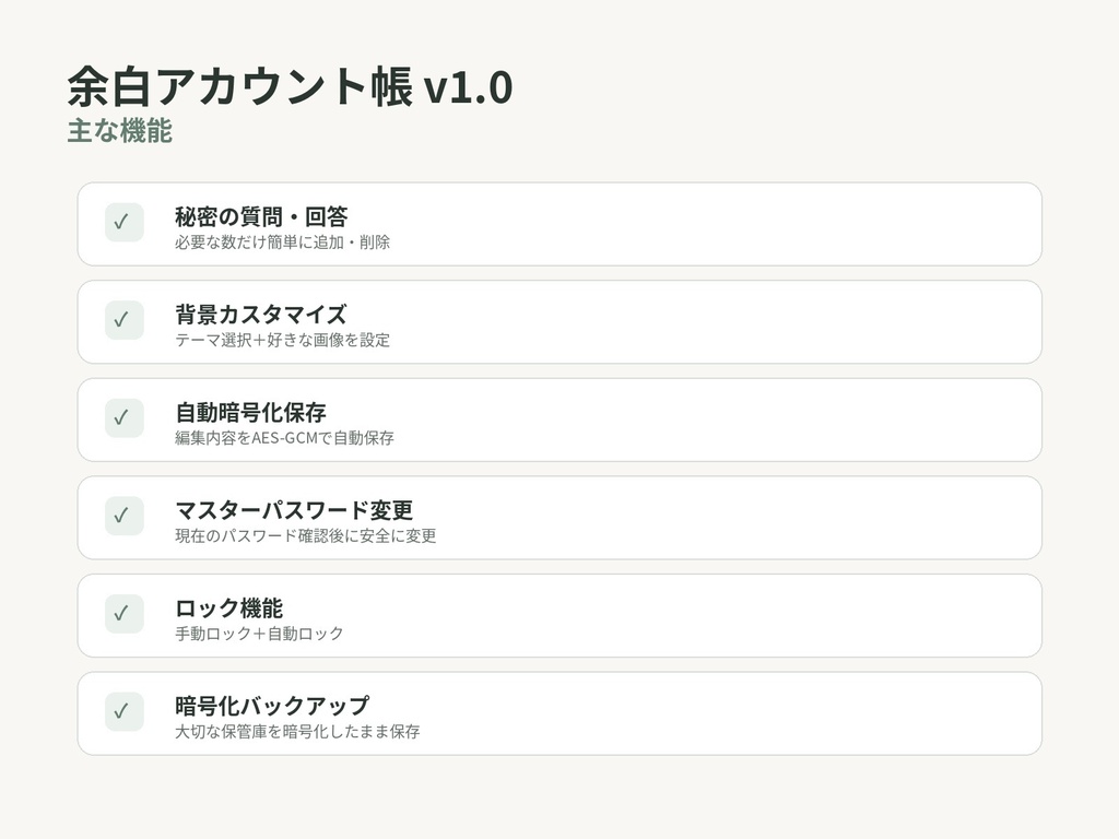 余白アカウント帳 v1.0|Windows用 アカウント・ID・パスワード管理ソフト