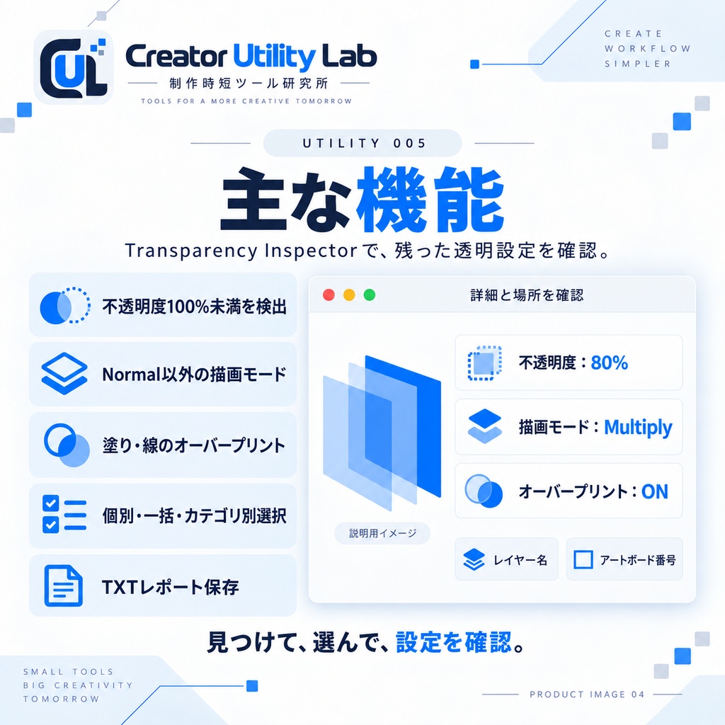 UTILITY 005|Transparency Inspector for Illustrator|透明度・描画モード・オーバープリントを一括チェック