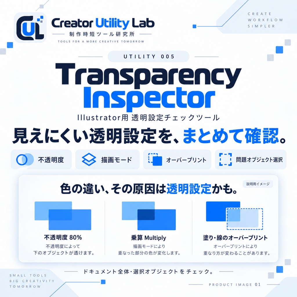 UTILITY 005｜Transparency Inspector for Illustrator｜透明度・描画モード・オーバープリントを一括チェック