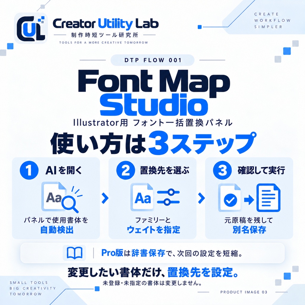DTP FLOW 001|Font Map Studio for Illustrator|PCにない書体を一括置換