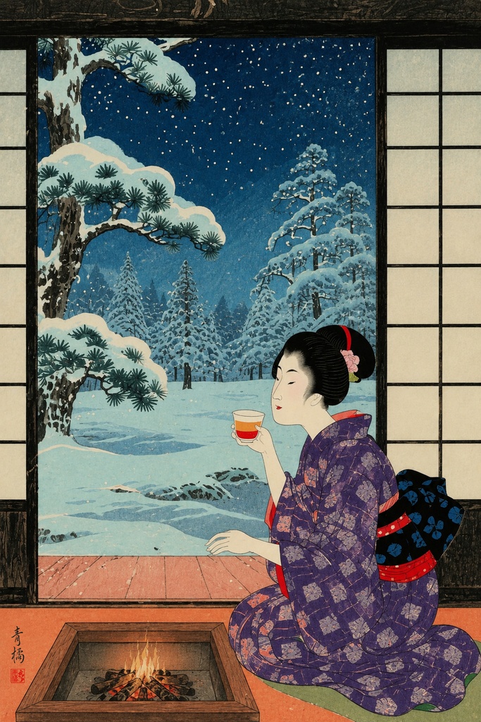 囲炉裏と冬景色 | 浮世絵風デジタルアート