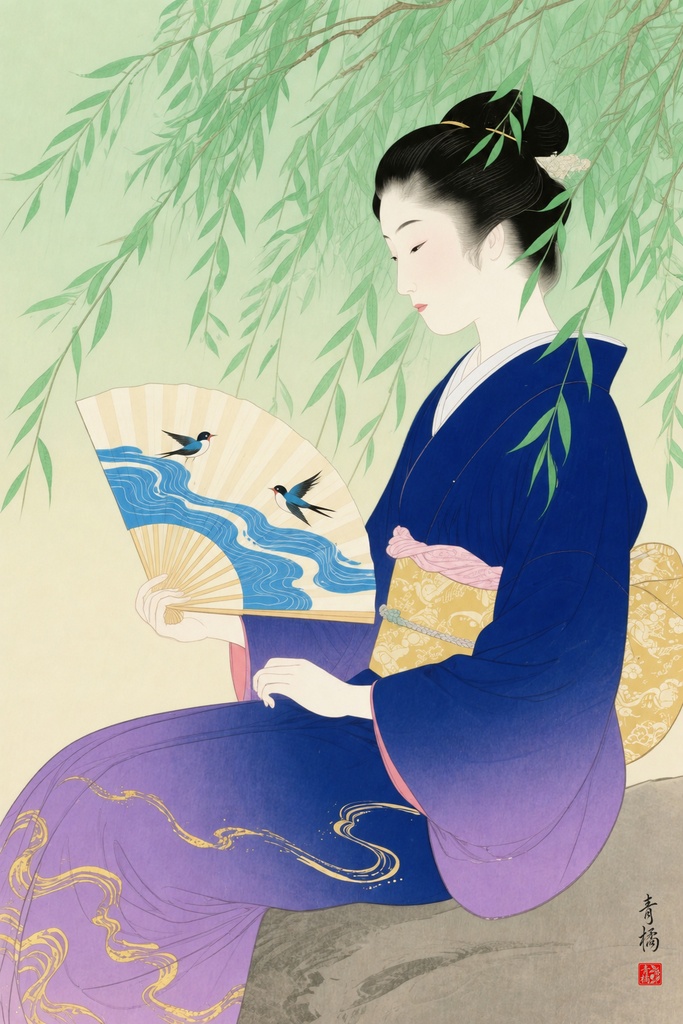 しだれ柳と扇 | 浮世絵風デジタルアート
