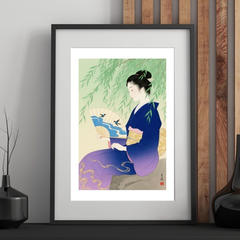 しだれ柳と扇 | 浮世絵風デジタルアート