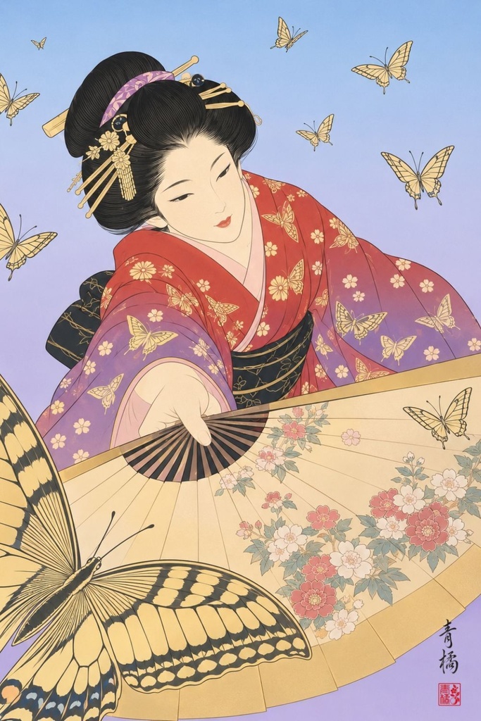 蝶と扇 | 浮世絵風デジタルアート