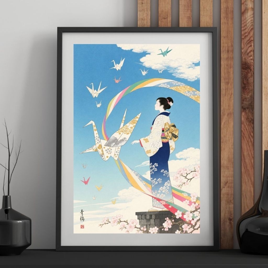 折り鶴と帯 | 浮世絵風デジタルアート