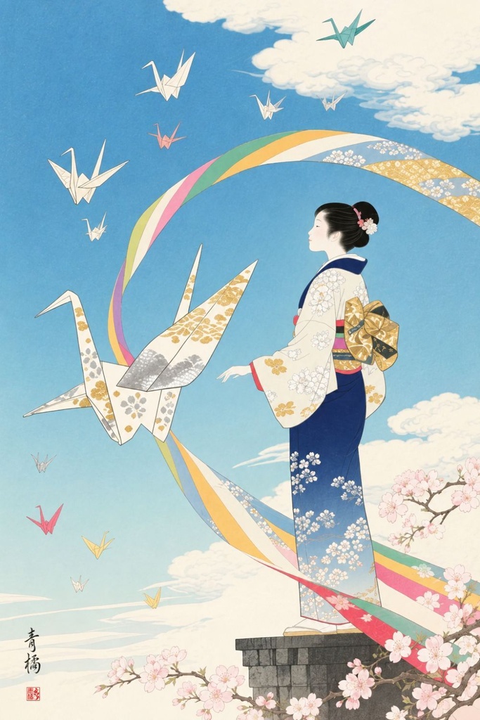 折り鶴と帯 | 浮世絵風デジタルアート