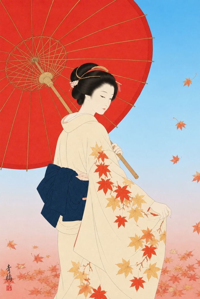 番傘と紅葉 | 浮世絵風デジタルアート