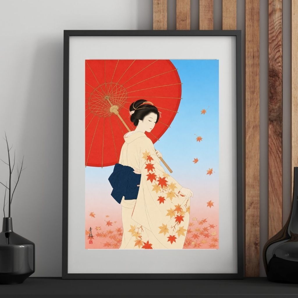 番傘と紅葉 | 浮世絵風デジタルアート