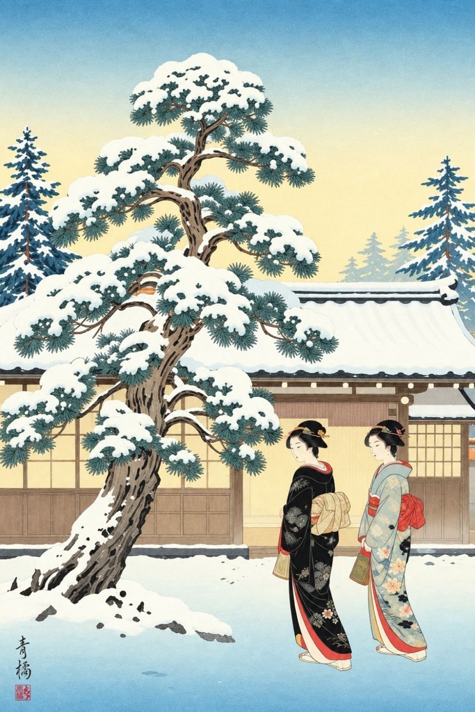 正月の雪松 | 浮世絵風デジタルアート