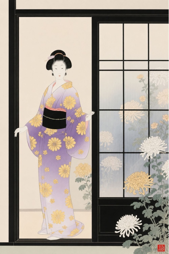 扉に映る菊 | 浮世絵風デジタルアート