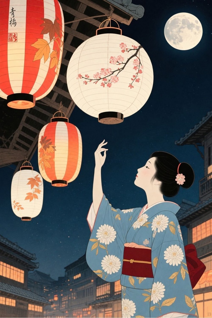 提灯を見上げる女性 | 浮世絵風デジタルアート