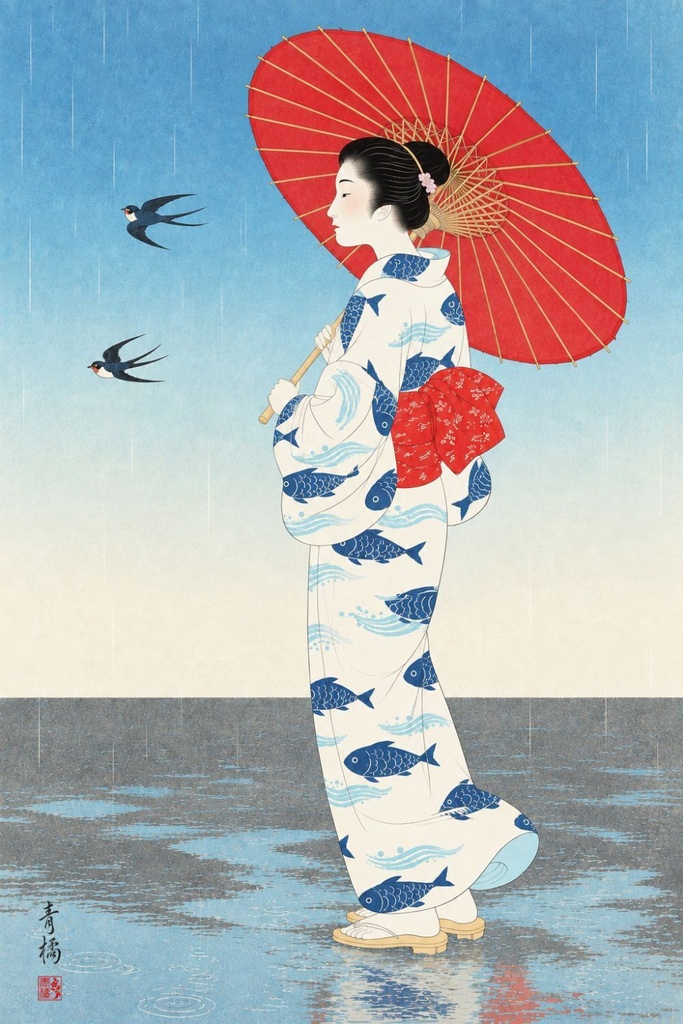 和傘と着物姿の女性 | 浮世絵風デジタルアート