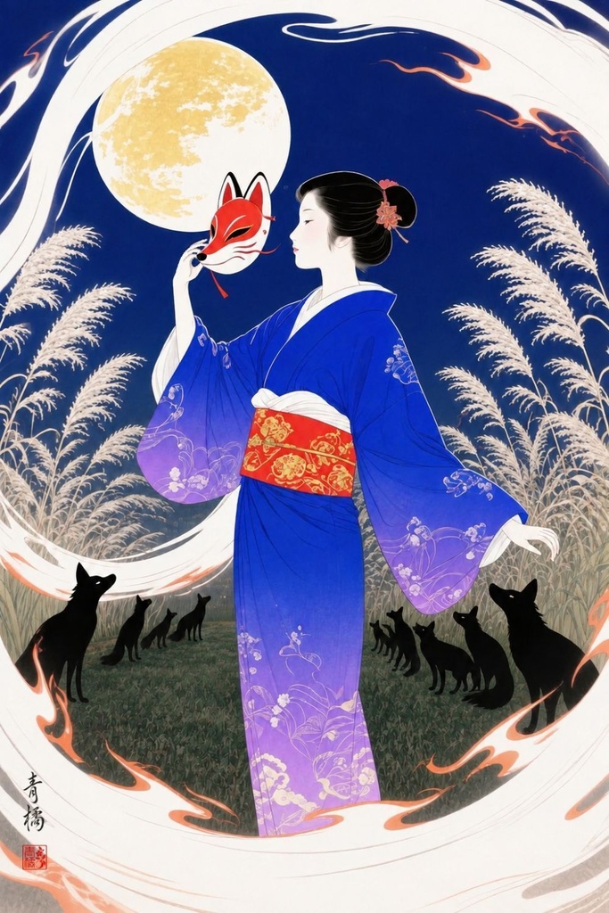 狐火とすすき野 | 浮世絵風デジタルアート