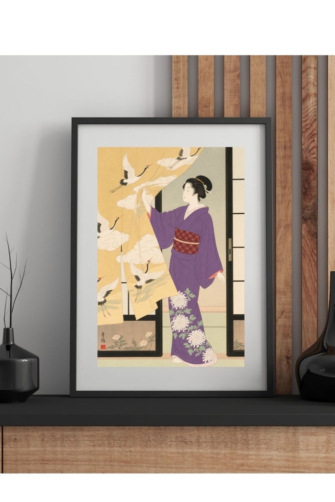 鶴の暖簾と女性 | 浮世絵風デジタルアート