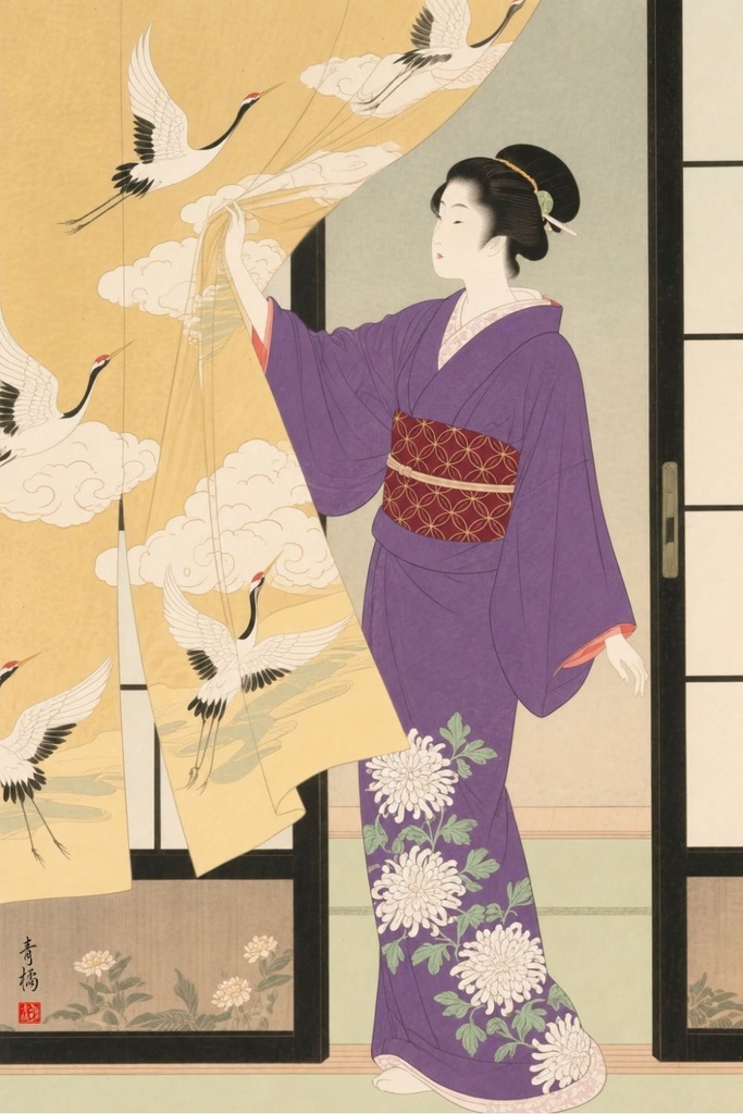 鶴の暖簾と女性 | 浮世絵風デジタルアート