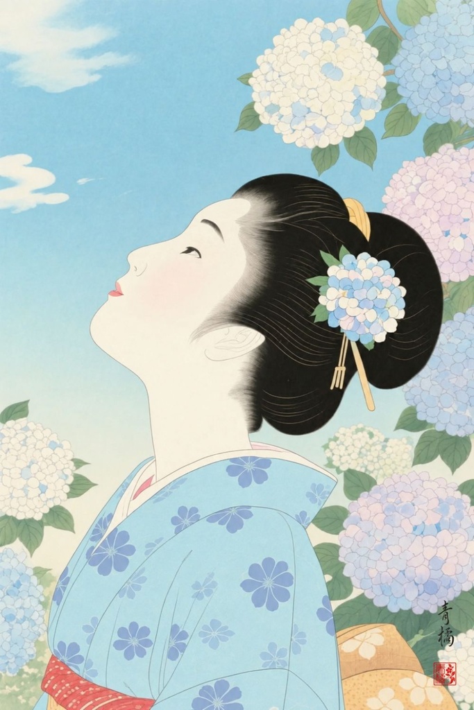 アジサイと女性 | 浮世絵風デジタルアート