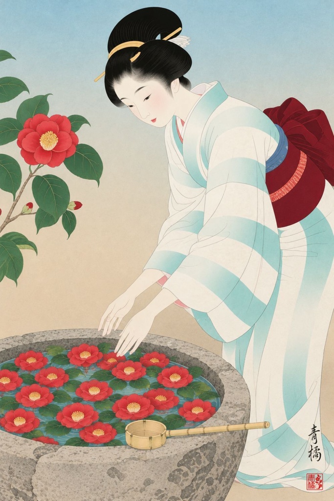 手水鉢と椿 | 浮世絵風デジタルアート
